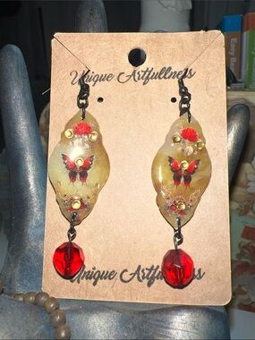 Polymer clay handmade red and gold Butterfly Drop Earrings
